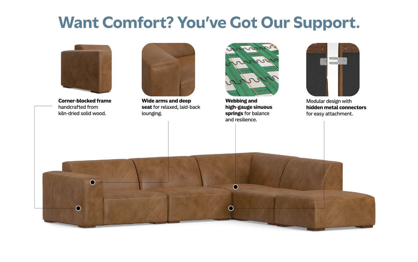 Caramel Brown Genuine Leather | Rex Right Sectional Sofa and Ottoman in Genuine Leather
