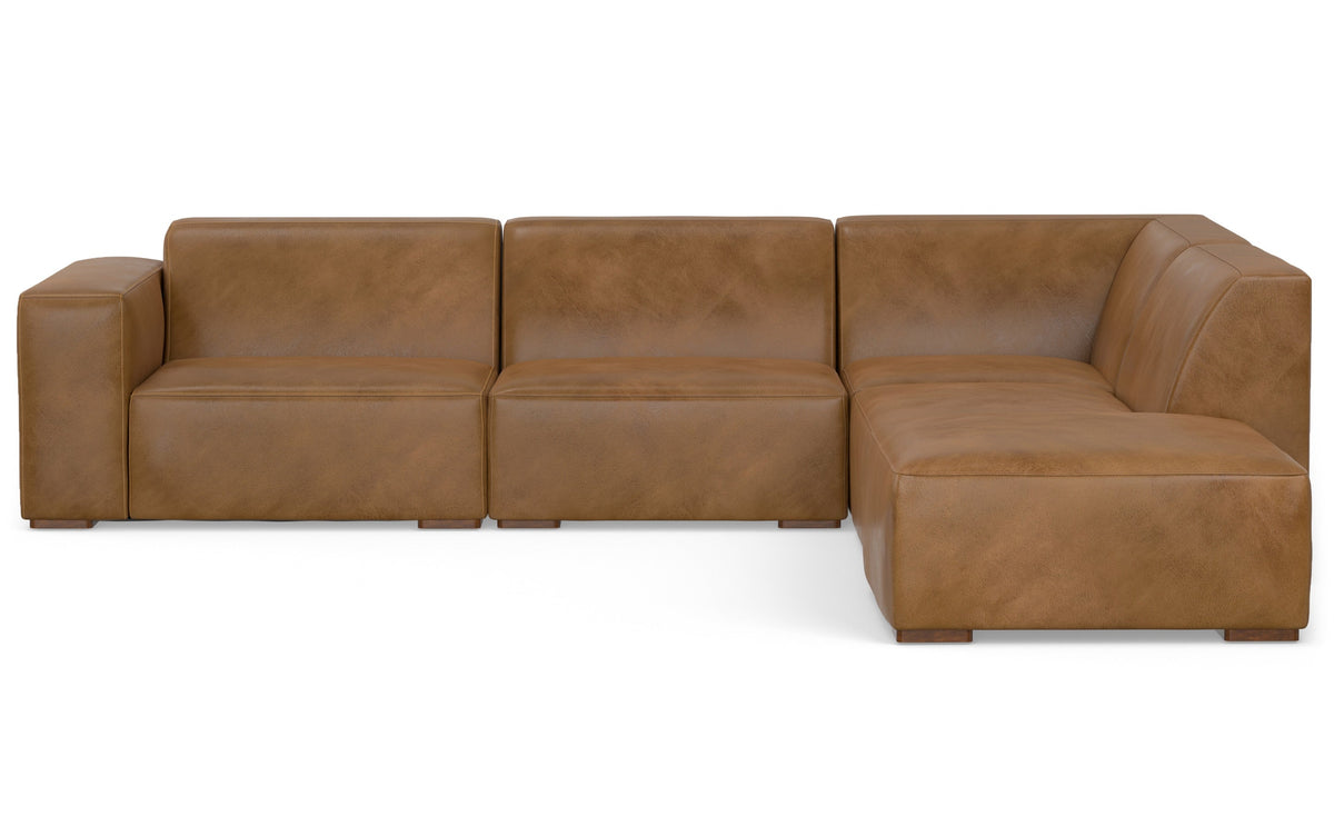 Caramel Brown Genuine Leather | Rex Right Sectional Sofa and Ottoman in Genuine Leather