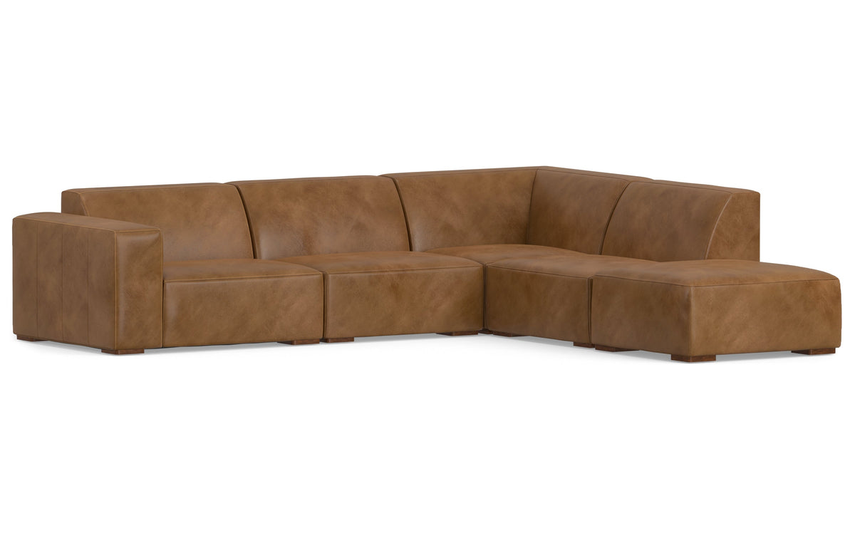 Caramel Brown Genuine Leather | Rex Right Sectional Sofa and Ottoman in Genuine Leather