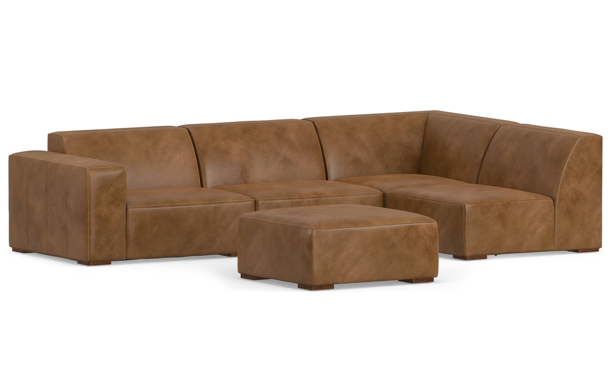 Caramel Brown Genuine Leather | Rex Right Sectional Sofa and Ottoman in Genuine Leather