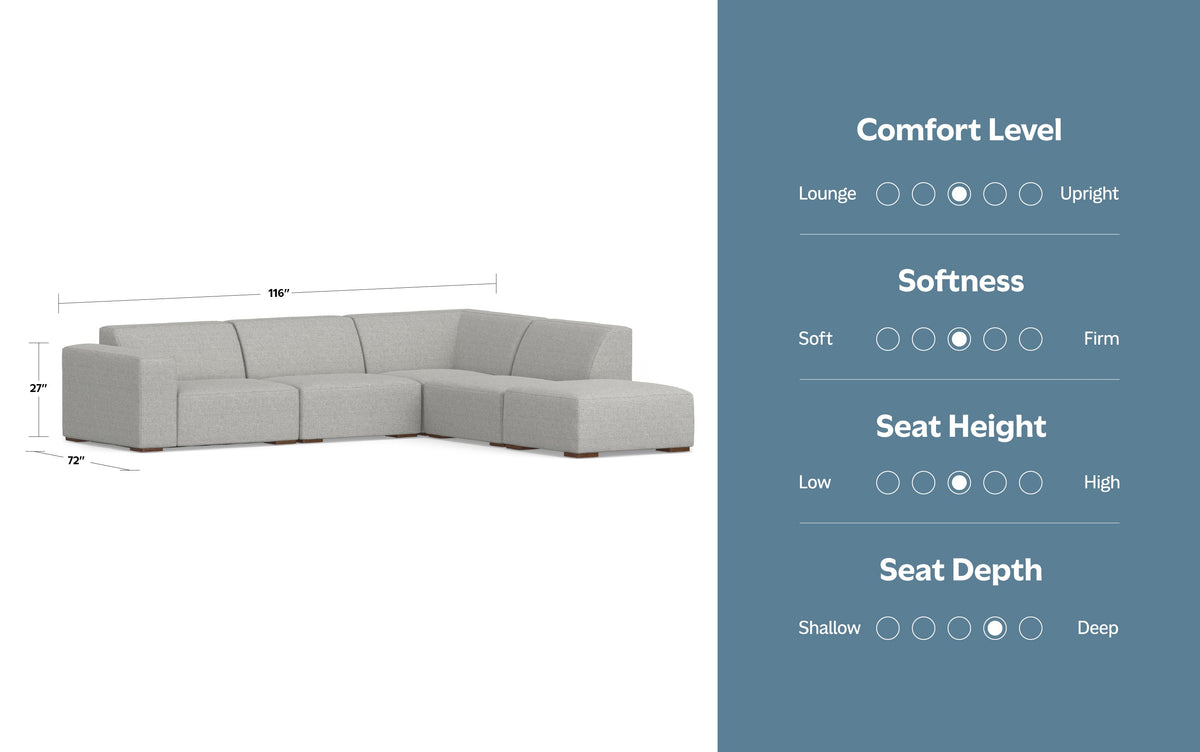 Pale Grey Performance Fabric | Rex Right Sectional and Ottoman Performance Fabric