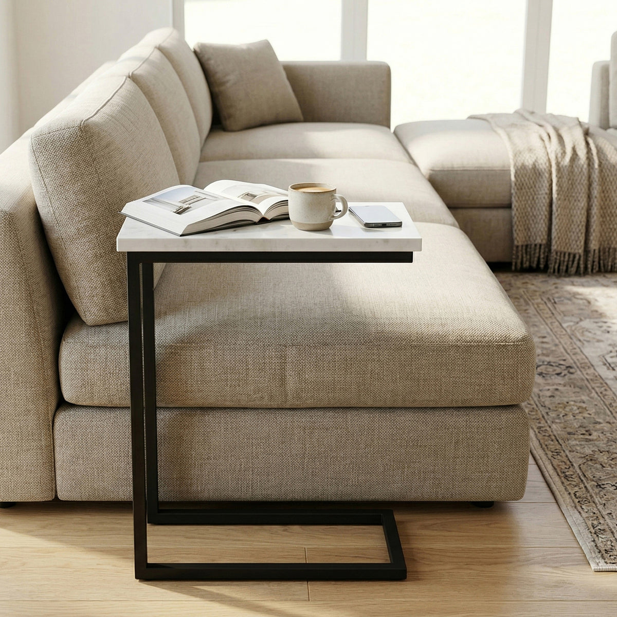 White Marble/Black | Skyler C Side Table with Genuine Marble Top