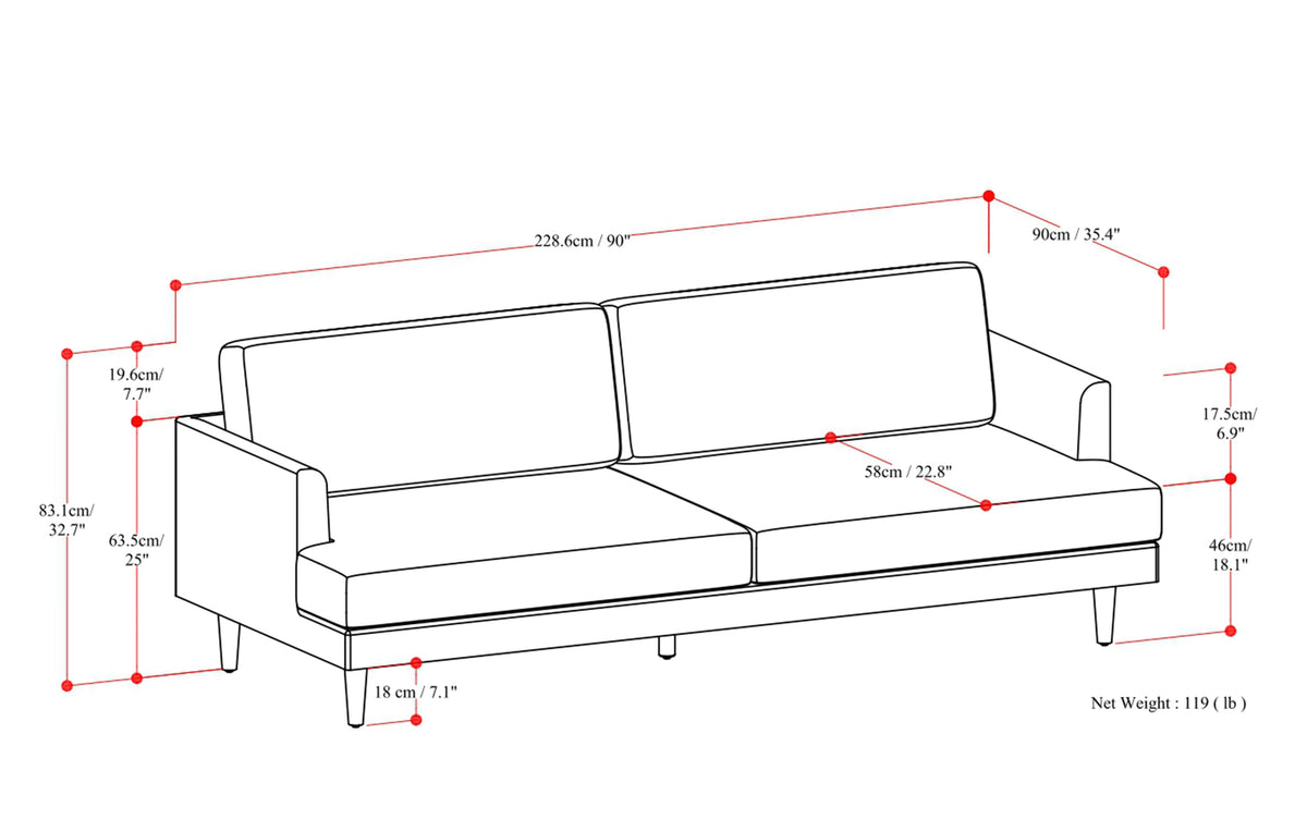 Caramel Brown Genuine Top Grain Leather | Livingston 90 inch Mid Century Sofa in Genuine Leather