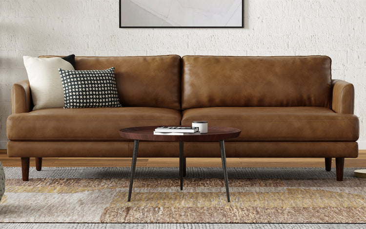 Caramel Brown Genuine Top Grain Leather | Livingston 90 inch Mid Century Sofa in Genuine Leather