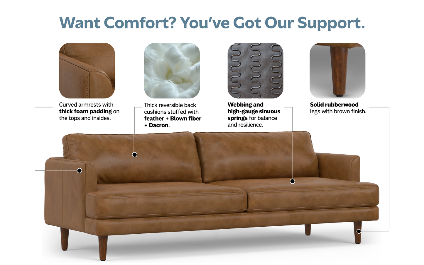 Caramel Brown Genuine Top Grain Leather | Livingston 90 inch Mid Century Sofa in Genuine Leather