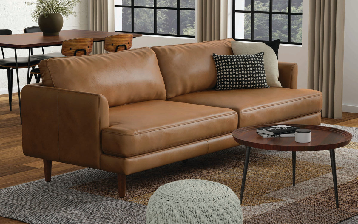 Caramel Brown Genuine Top Grain Leather | Livingston 90 inch Mid Century Sofa in Genuine Leather