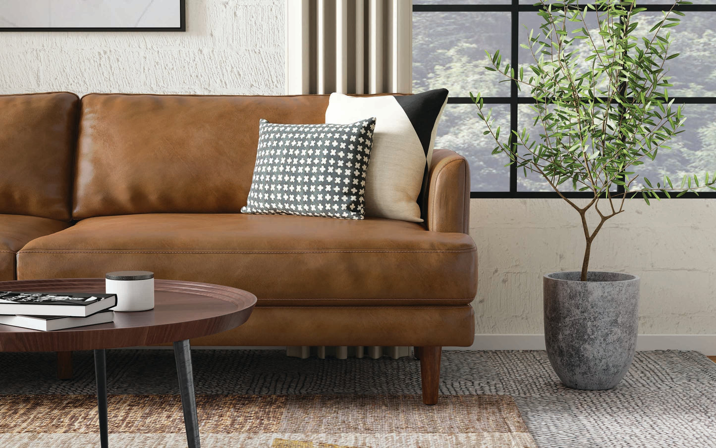 Caramel Brown Genuine Top Grain Leather | Livingston 90 inch Mid Century Sofa in Genuine Leather