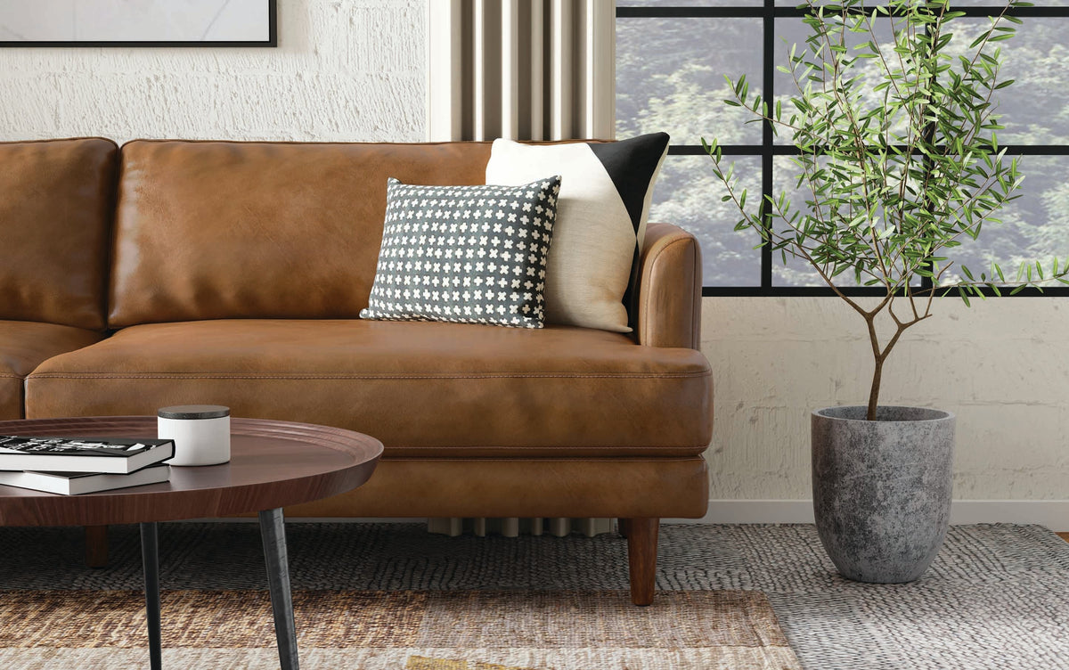 Caramel Brown Genuine Top Grain Leather | Livingston 90 inch Mid Century Sofa in Genuine Leather