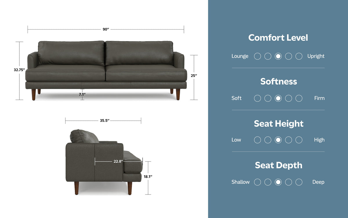Coal Genuine Top Grain Leather | Livingston 90 inch Mid Century Sofa in Genuine Leather