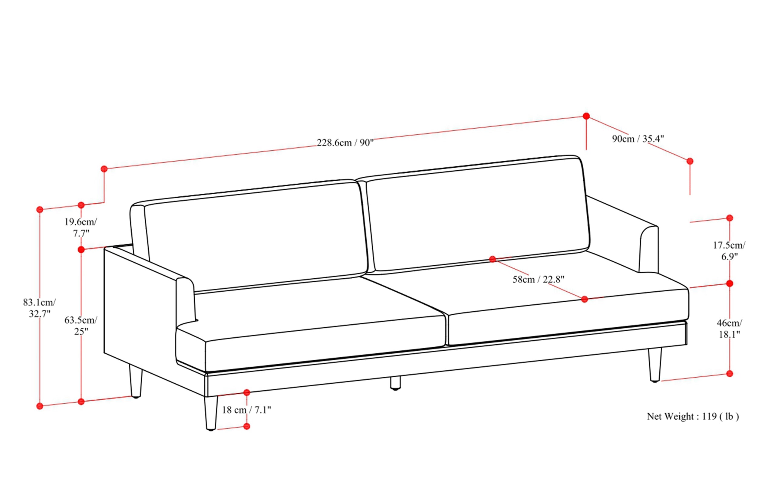 Sienna Genuine Top Grain Leather | Livingston 90 inch Mid Century Sofa in Genuine Leather