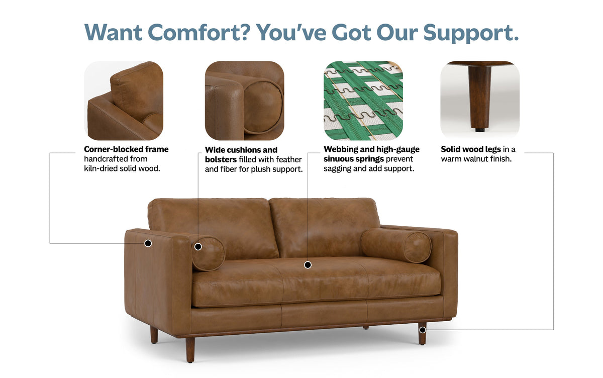 Caramel Brown  Genuine Top Grain Leather | Morrison 72 inch Mid Century Sofa in Genuine Leather