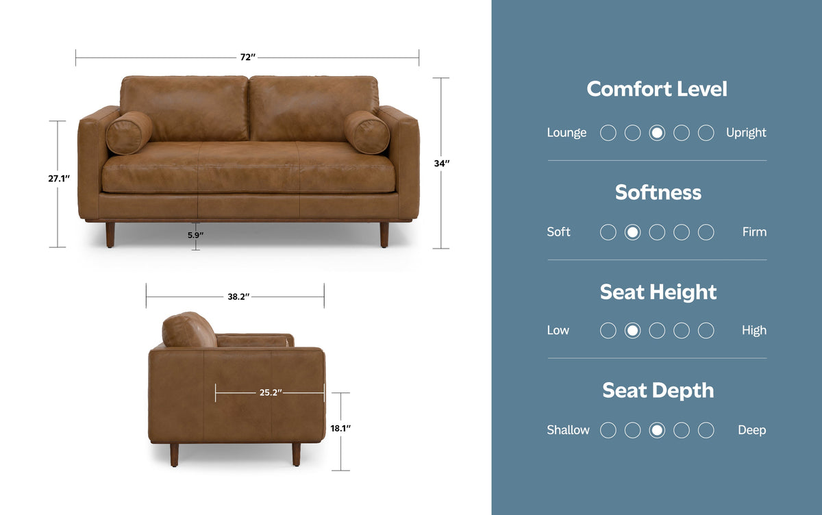 Caramel Brown  Genuine Top Grain Leather | Morrison 72 inch Mid Century Sofa in Genuine Leather
