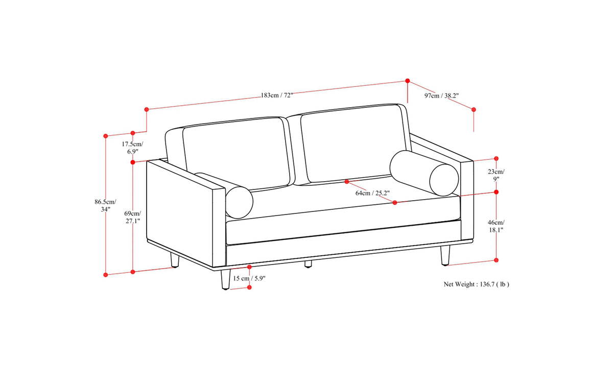 Lead Black Genuine Top Grain Leather | Morrison 72 inch Mid Century Sofa in Genuine Leather