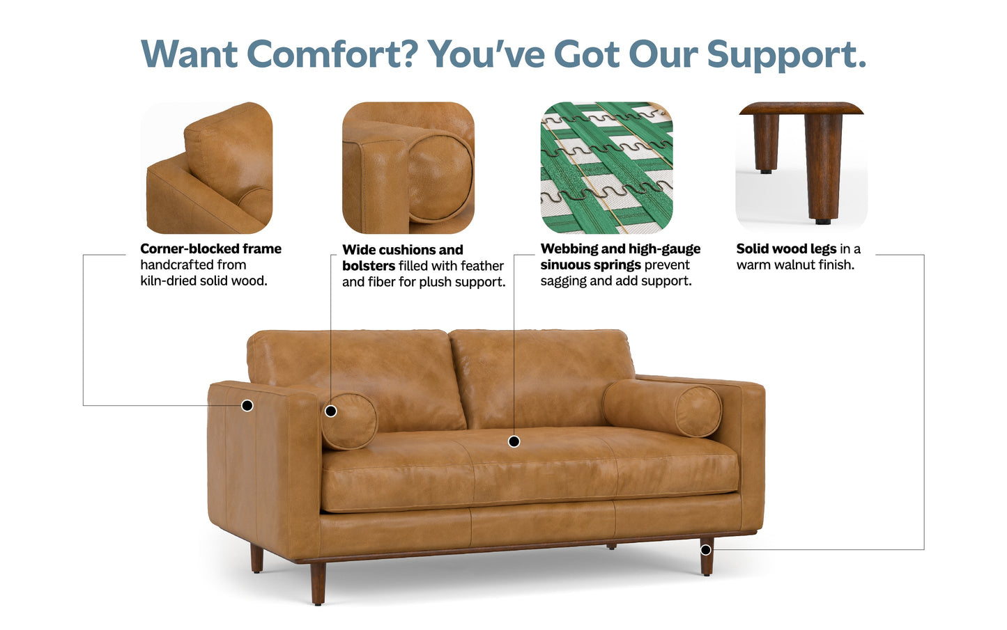 Sienna Genuine Top Grain Leather | Morrison 72 inch Mid Century Sofa in Genuine Leather