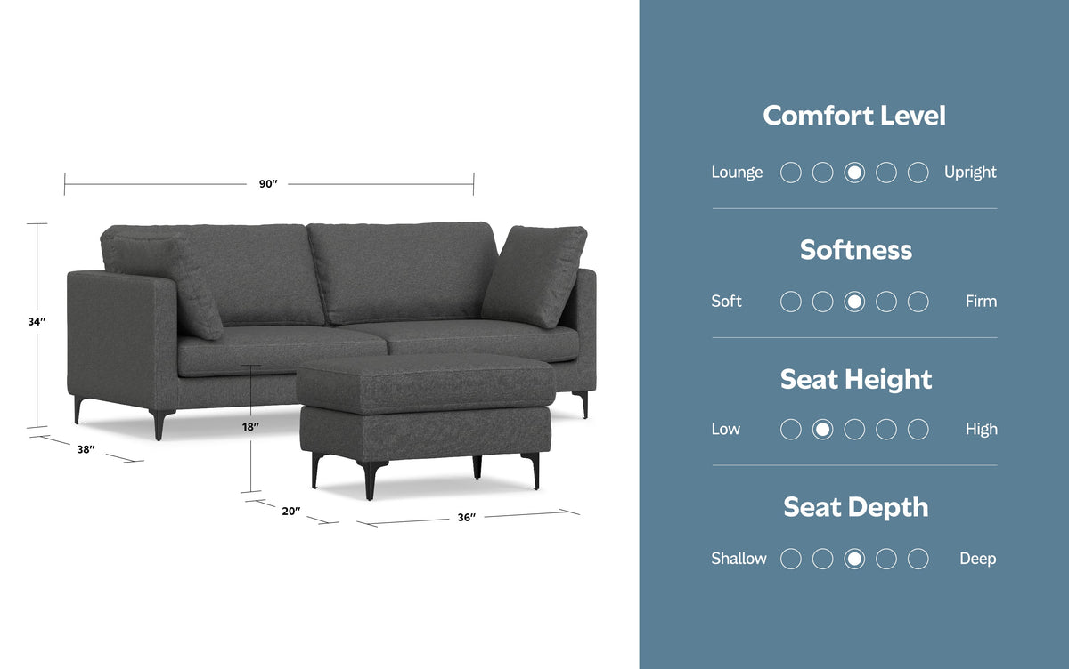 Pebble Grey Performance Fabric | Ava 90 inch Mid Century Sofa with Ottoman Set