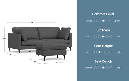 Pebble Grey Performance Fabric | Ava 90 inch Mid Century Sofa with Ottoman Set