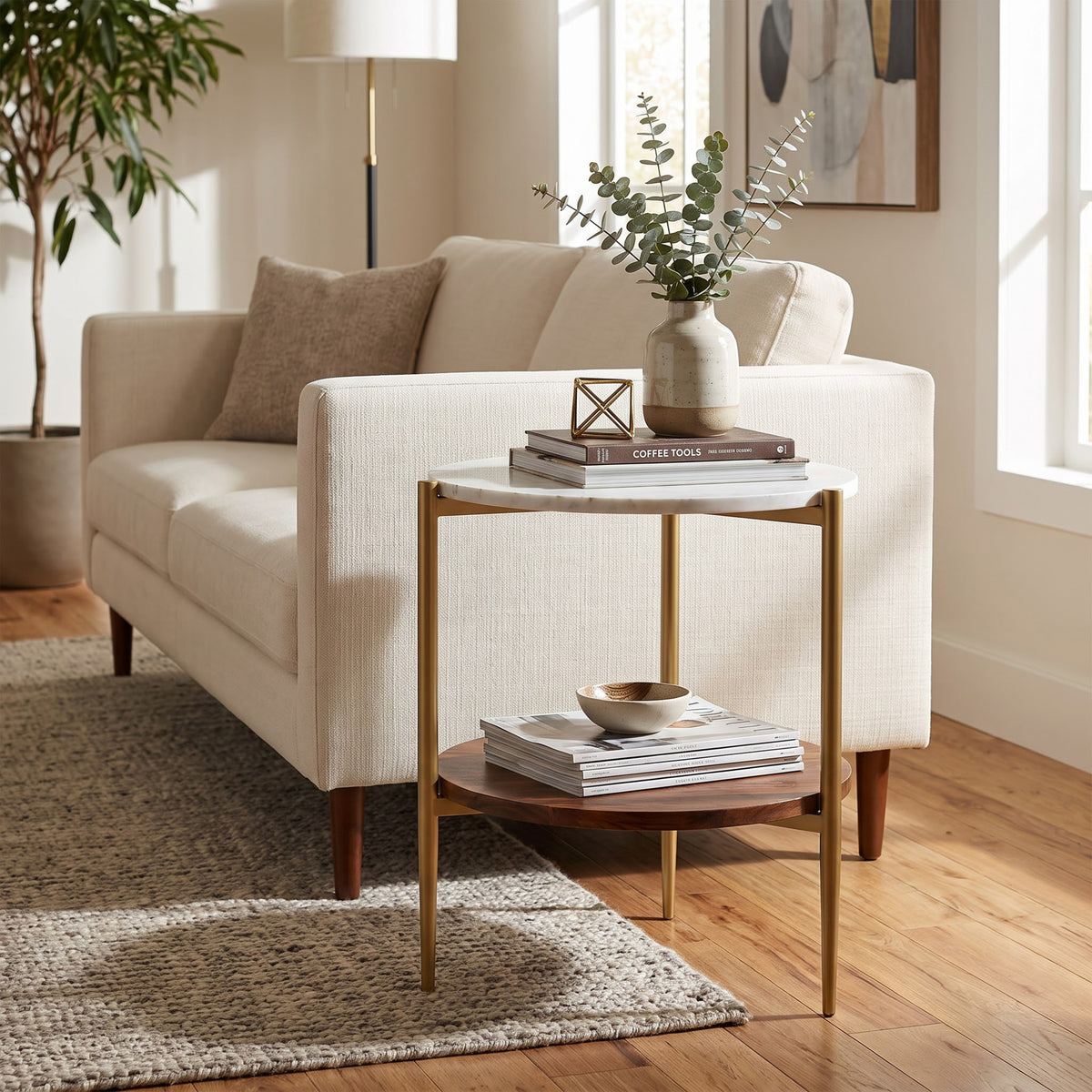 Wagner Round Marble & Wood Side Table