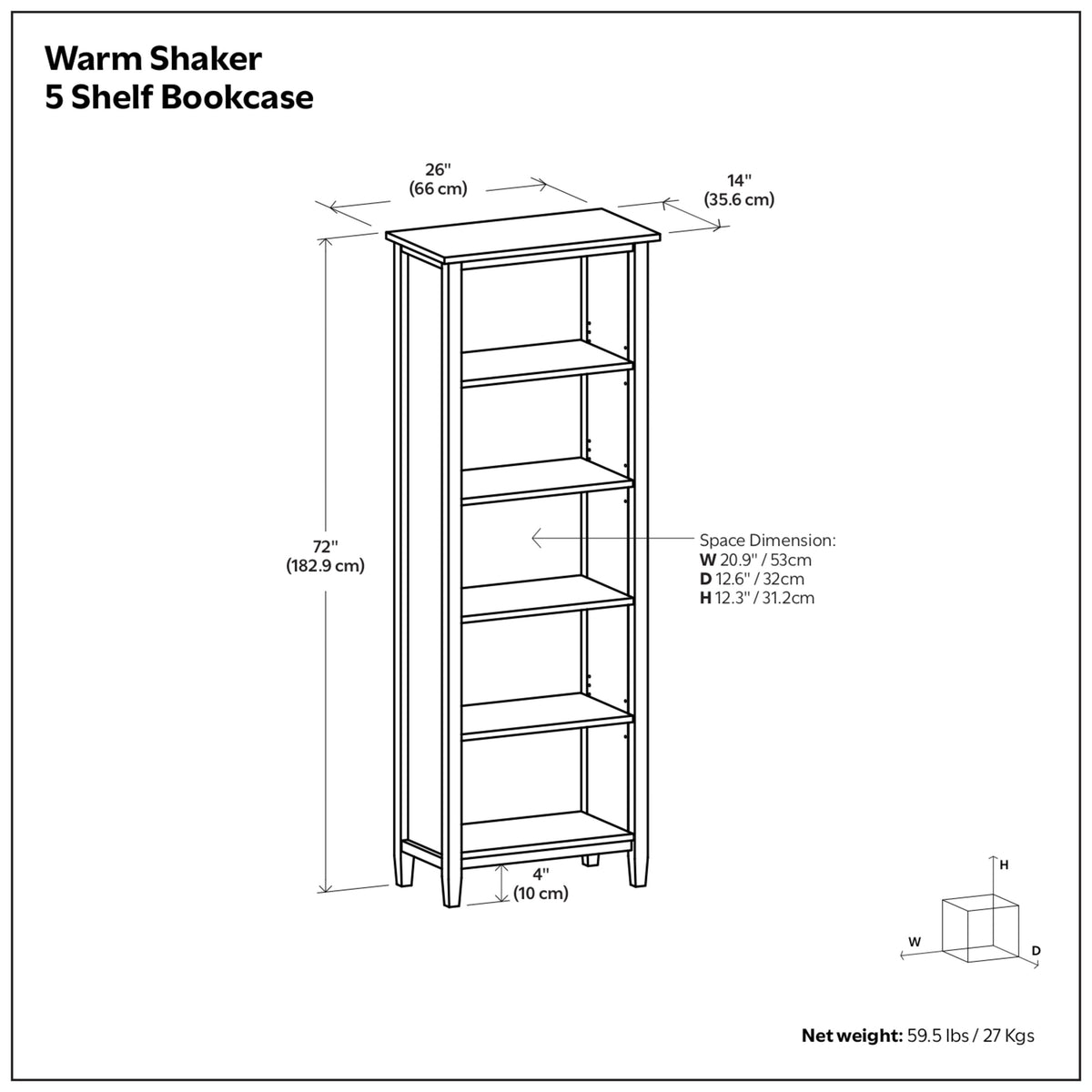 Brunette Brown | Warm Shaker 5 Shelf Bookcase