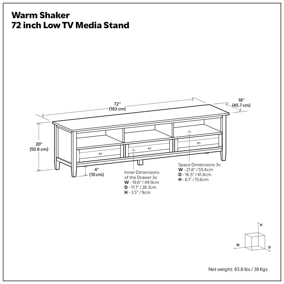 Light Golden Brown | Warm Shaker 72 inch Low TV Media Stand