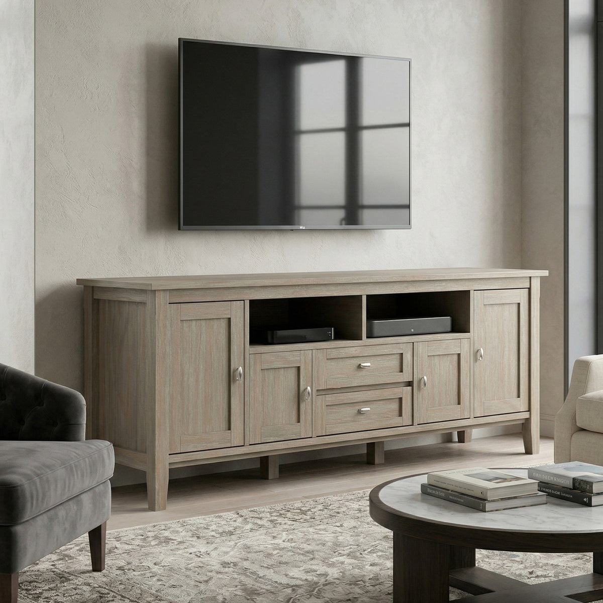 Distressed Grey | Warm Shaker 72 inch TV Media Stand