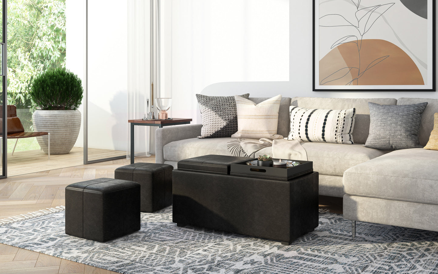 Distressed Black Distressed Vegan Leather | 5 Pc Storage Ottoman in Distressed Vegan Leather