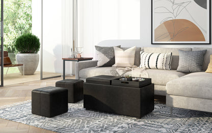 Distressed Black Distressed Vegan Leather | 5 Pc Storage Ottoman in Distressed Vegan Leather