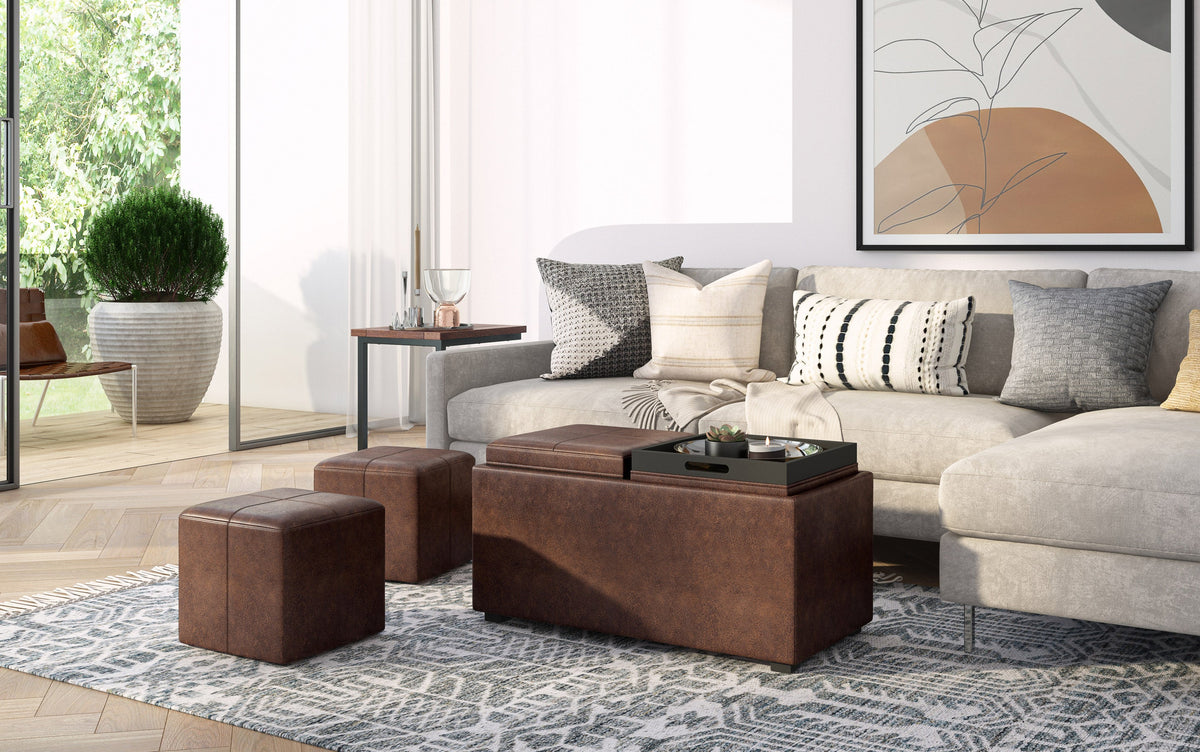 Distressed Chestnut Brown Distressed Vegan Leather | 5 Pc Storage Ottoman in Distressed Vegan Leather