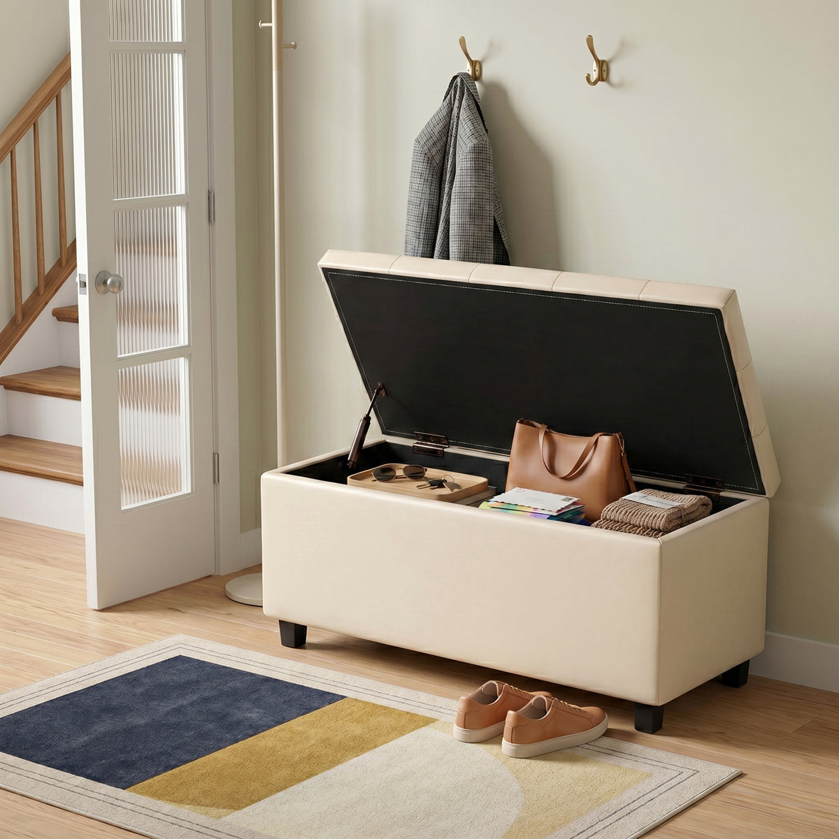 Satin Cream Vegan Leather | Cosmopolitan Storage Ottoman in Vegan Leather