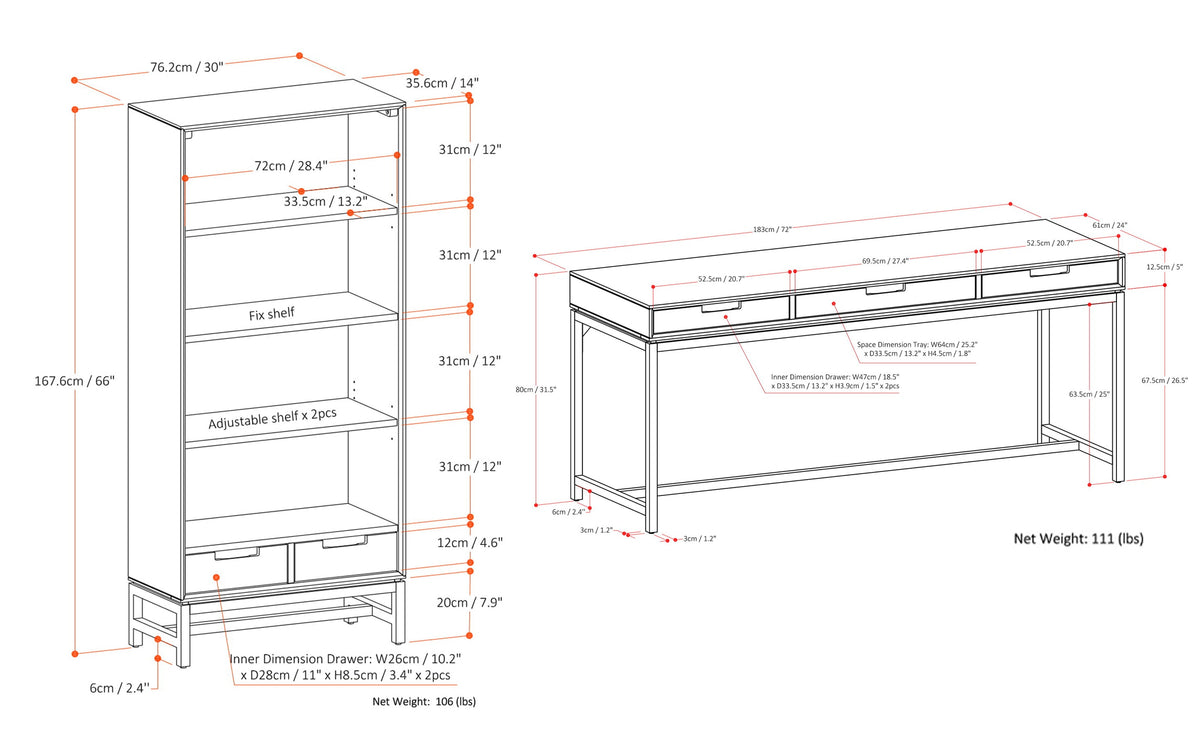 Oak Oak Veneer | Banting 72 inch Desk and 30 inch Bookcase in Oak