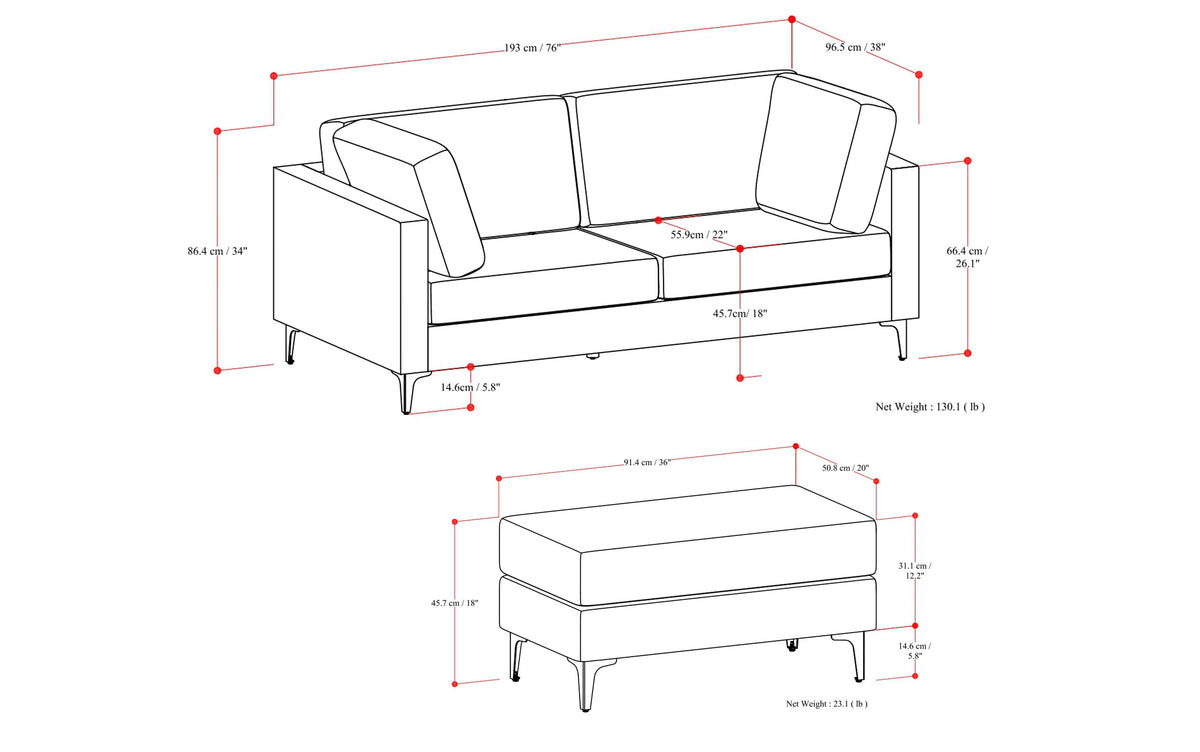 Cream Performance Fabric | Ava 76 inch Mid Century Sofa with Ottoman Set