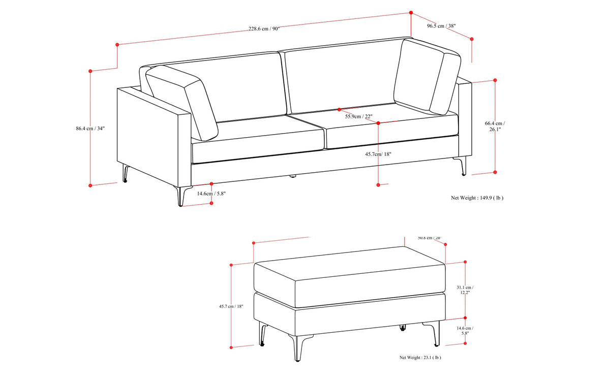 Pebble Grey Performance Fabric | Ava 90 inch Mid Century Sofa with Ottoman Set