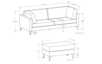 Pebble Grey Performance Fabric | Ava 90 inch Mid Century Sofa with Ottoman Set