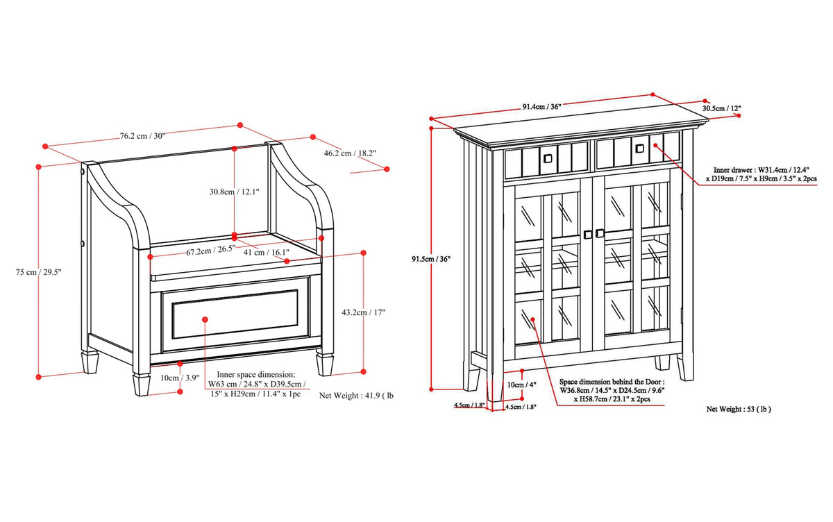 Dark Chestnut Brown | Connaught 30-inch Storage Bench and 40-inch Cabinet