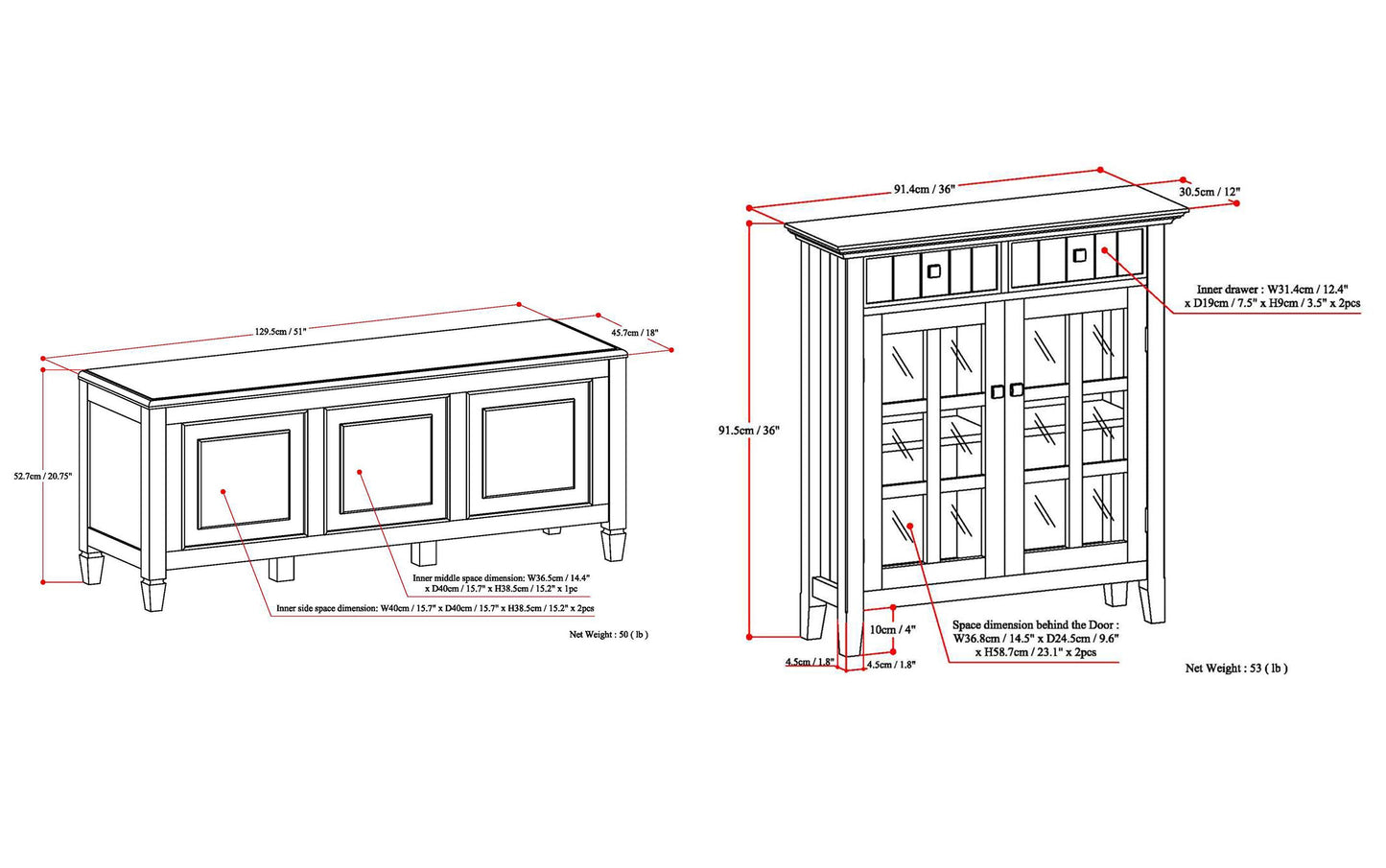 Black | Connaught 51-inch Storage Bench and 40-inch Cabinet