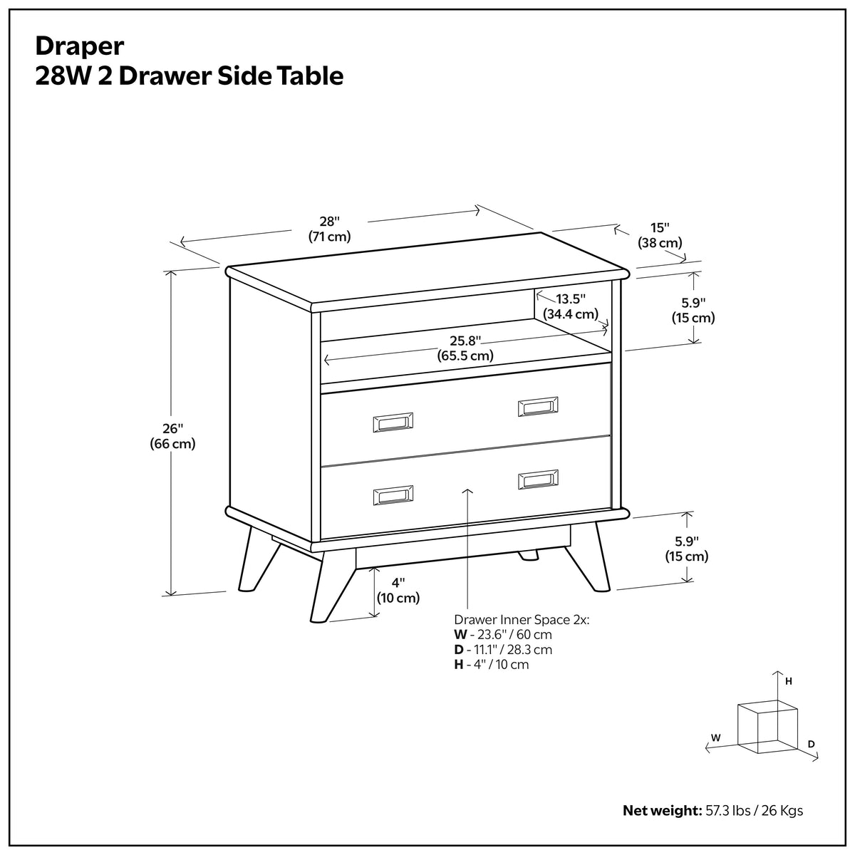 Teak Brown | Draper 28 inch Bedside Table with 2 Drawers and Top Shelf