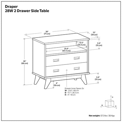 Teak Brown | Draper 28 inch Bedside Table with 2 Drawers and Top Shelf