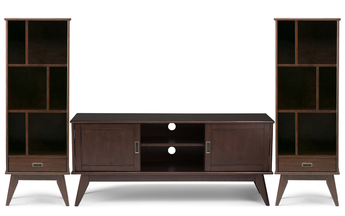 Medium Auburn Brown | Draper 60W TV Stand with Set of Two 22W Cubbie Bookcases w/ Drawer