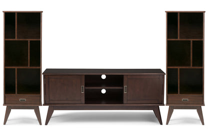 Medium Auburn Brown | Draper 60W TV Stand with Set of Two 22W Cubbie Bookcases w/ Drawer