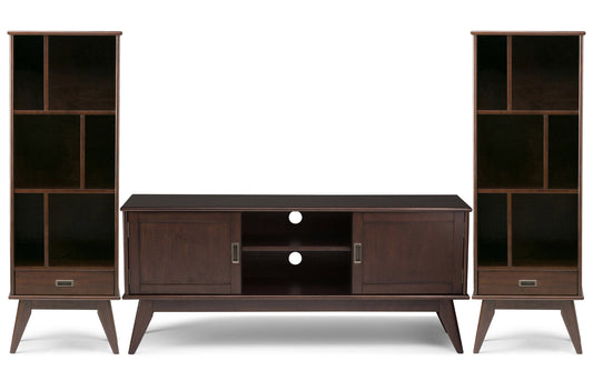 Medium Auburn Brown | Draper 60W TV Stand with Set of Two 22W Cubbie Bookcases w/ Drawer