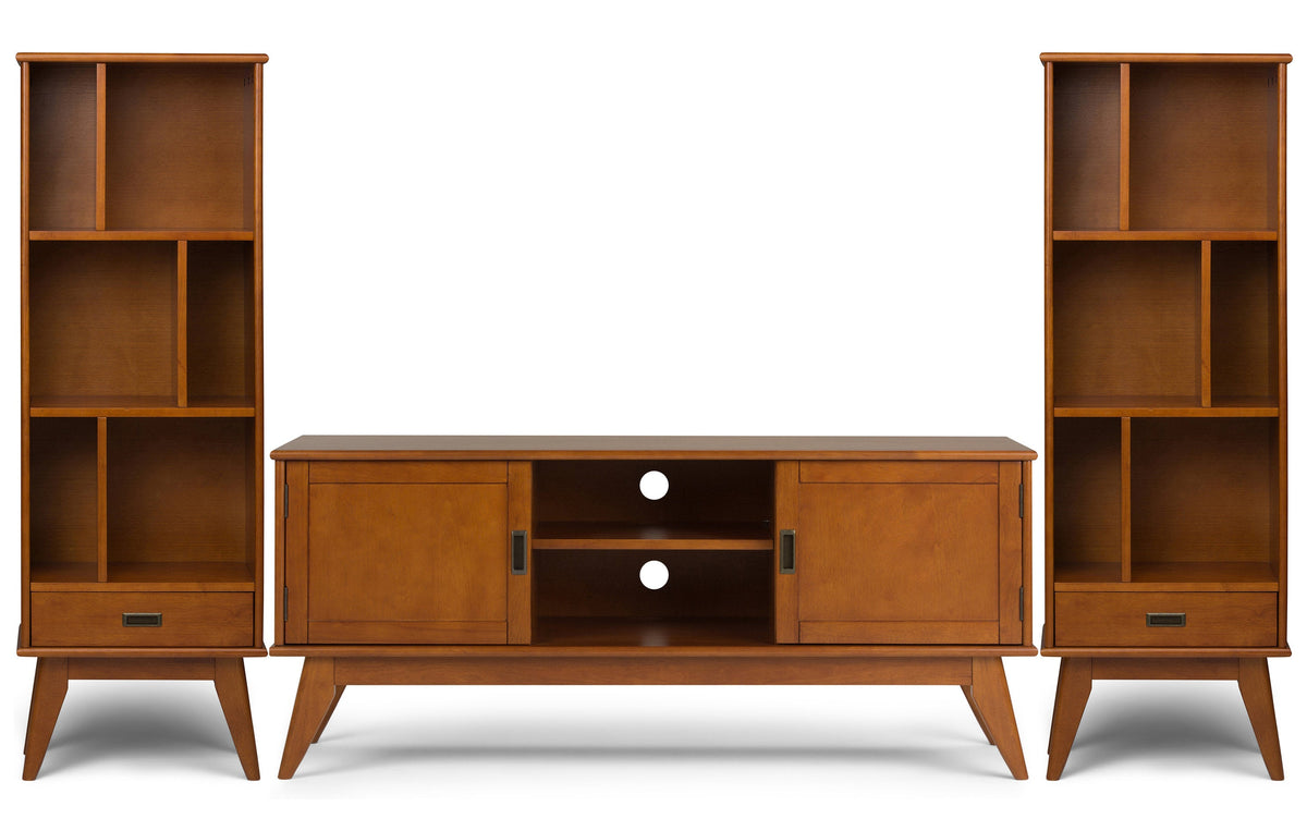 Teak Brown | Draper 60W TV Stand with Set of Two 22W Cubbie Bookcases w/ Drawer