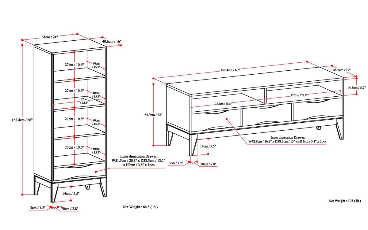 Teak Brown | Harper 60W TV Stand with Set of Two 24W 4 Shelf Bookcases w/ Drawer