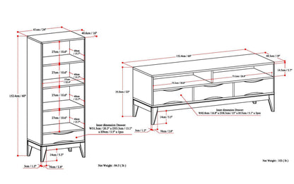 Teak Brown | Harper 60W TV Stand with Set of Two 24W 4 Shelf Bookcases w/ Drawer