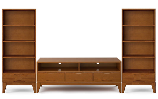 Teak Brown | Harper 60W TV Stand with Set of Two 24W 4 Shelf Bookcases w/ Drawer