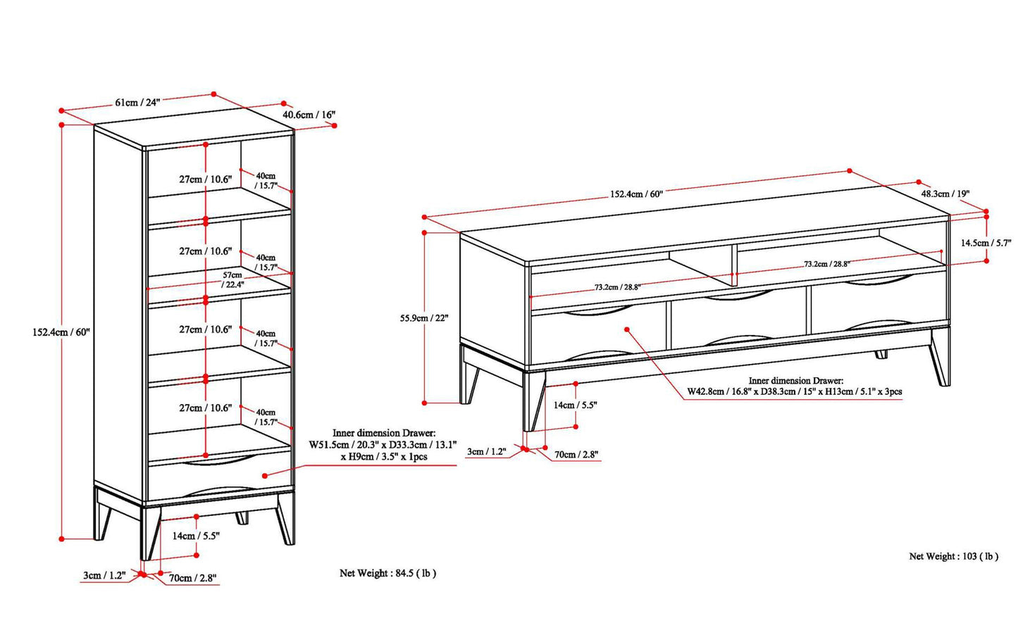 Walnut Brown | Harper 60W TV Stand with Set of Two 24W 4 Shelf Bookcases w/ Drawer