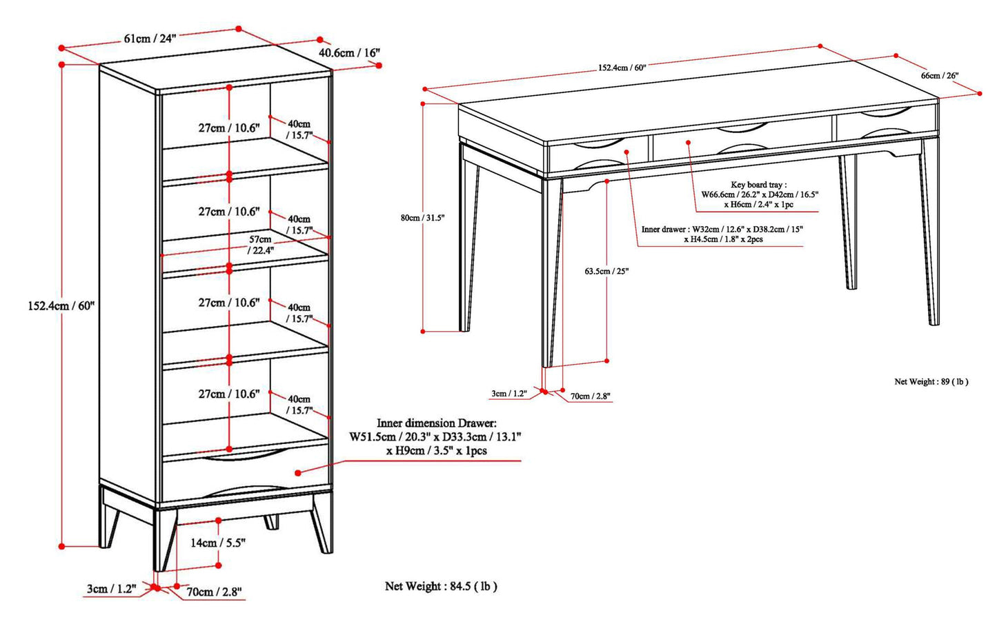 Walnut Brown | Harper 60 inch Desk and 24 inch Bookcase
