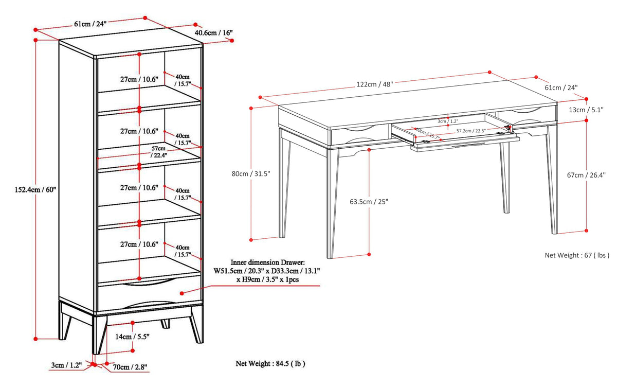 Walnut Brown | Harper 48 inch Desk and 24 inch Bookcase
