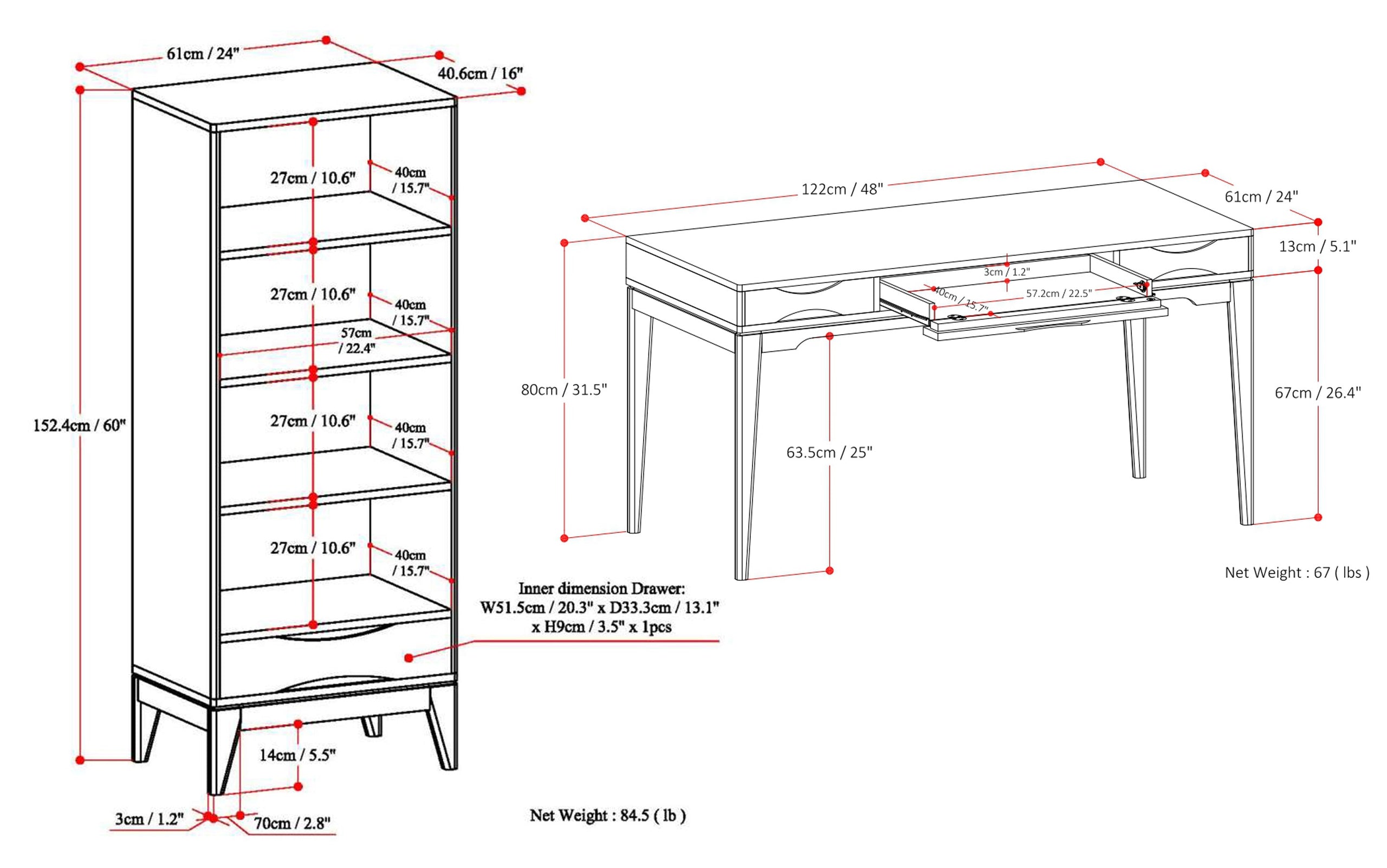 Walnut Brown | Harper 48 inch Desk and 24 inch Bookcase