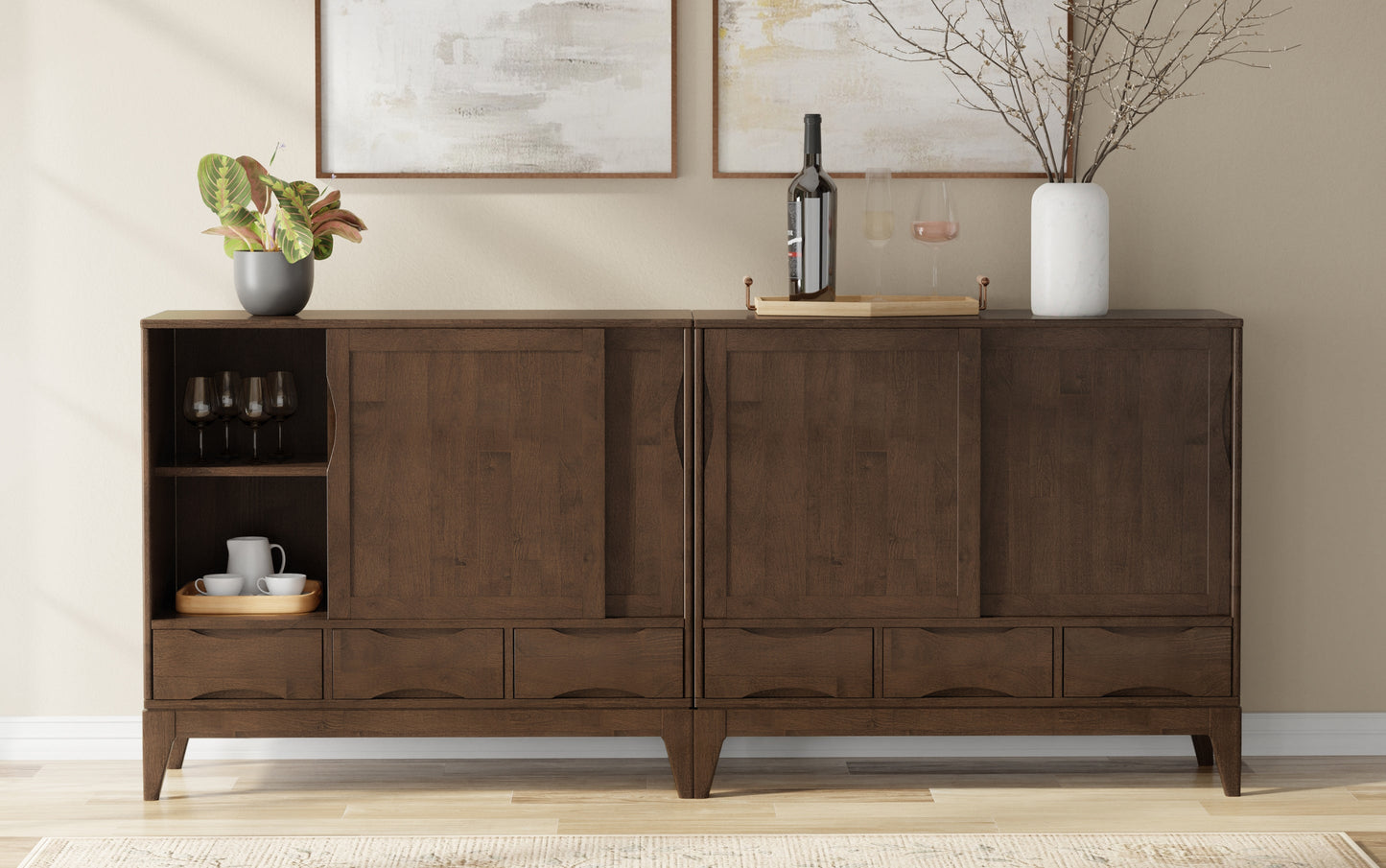 Walnut Brown | Harper 48W Tall Storage Cabinet with Doors and 3 Drawers Set of 2