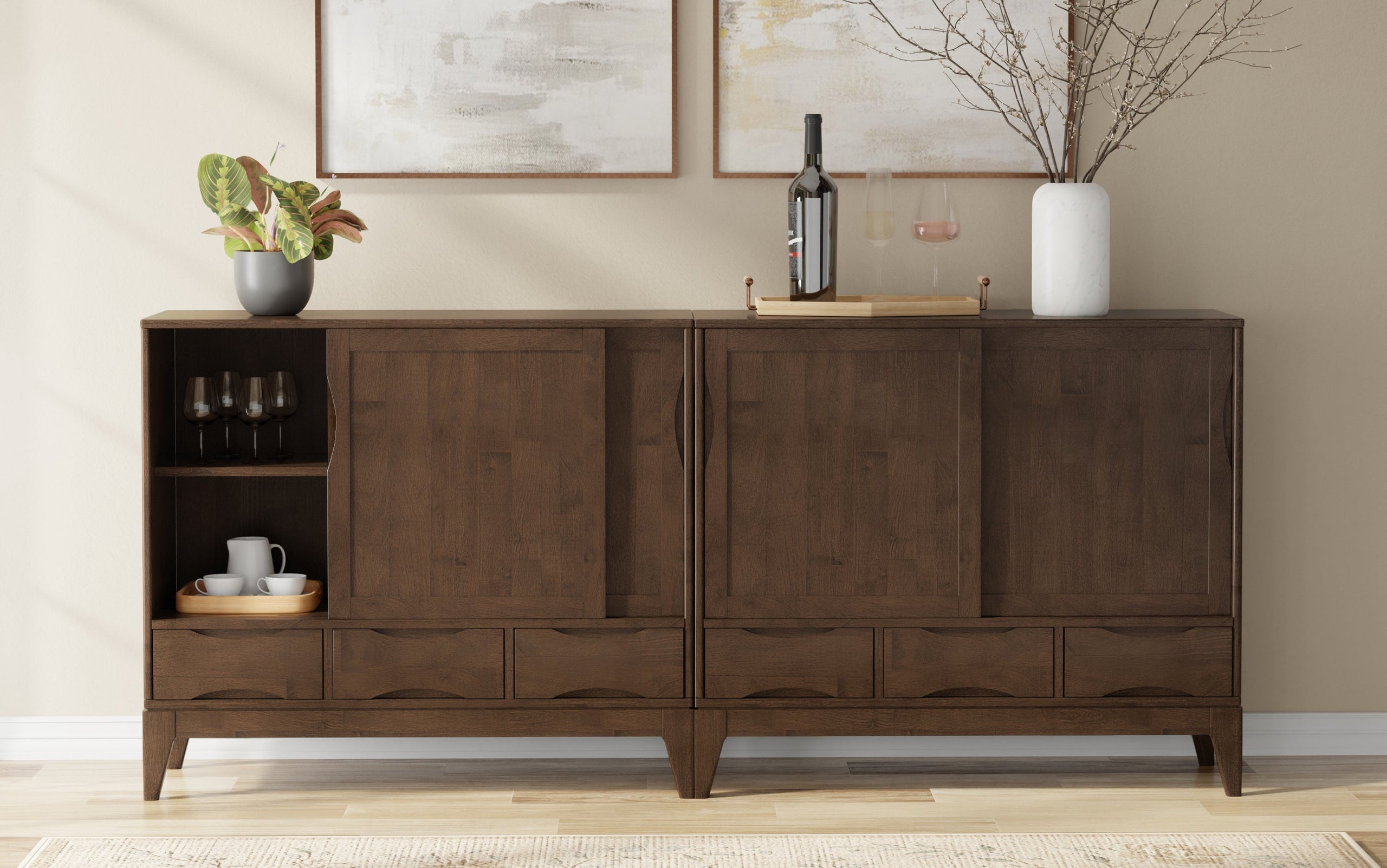 Walnut Brown | Harper 48W Tall Storage Cabinet with Doors and 3 Drawers Set of 2
