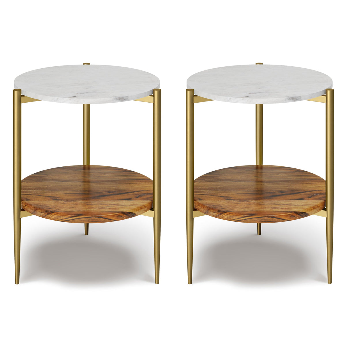 White/Natural | Wagner 18 inch Round Marble & Wood Side Table (Set of 2)